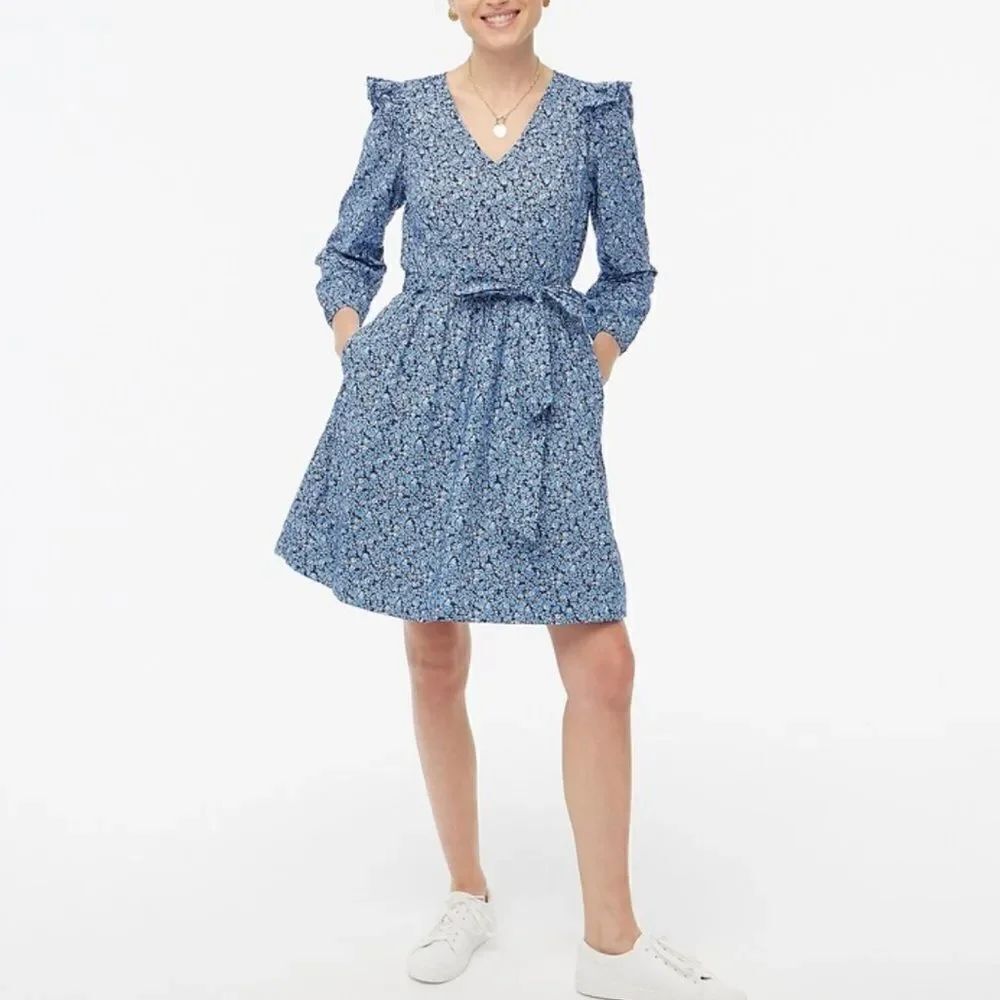 J. Crew Factory Blue Floral Ruffle Shoulder Puff Sleeve V Neck Mini Dress